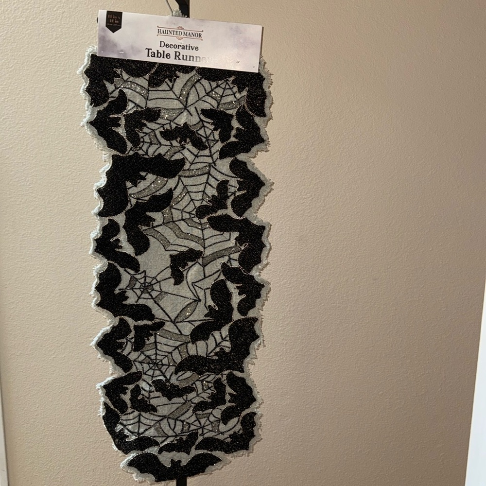 NWT Haunted Manor Halloween Table Runner 14x42” Raised Bats Webs Beaded Black